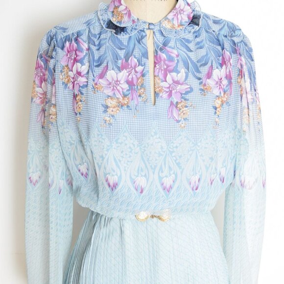 vintage 80s dress blue floral border print secretary belted pleated midi L - Picture 3 of 13